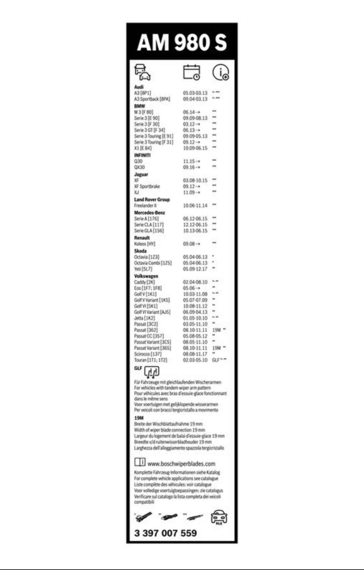 Bosch Wiper Blade Aerotwin AM980S, Length: 600mm/ 24'' 475mm/19'' − Set of Front Wiper Blades