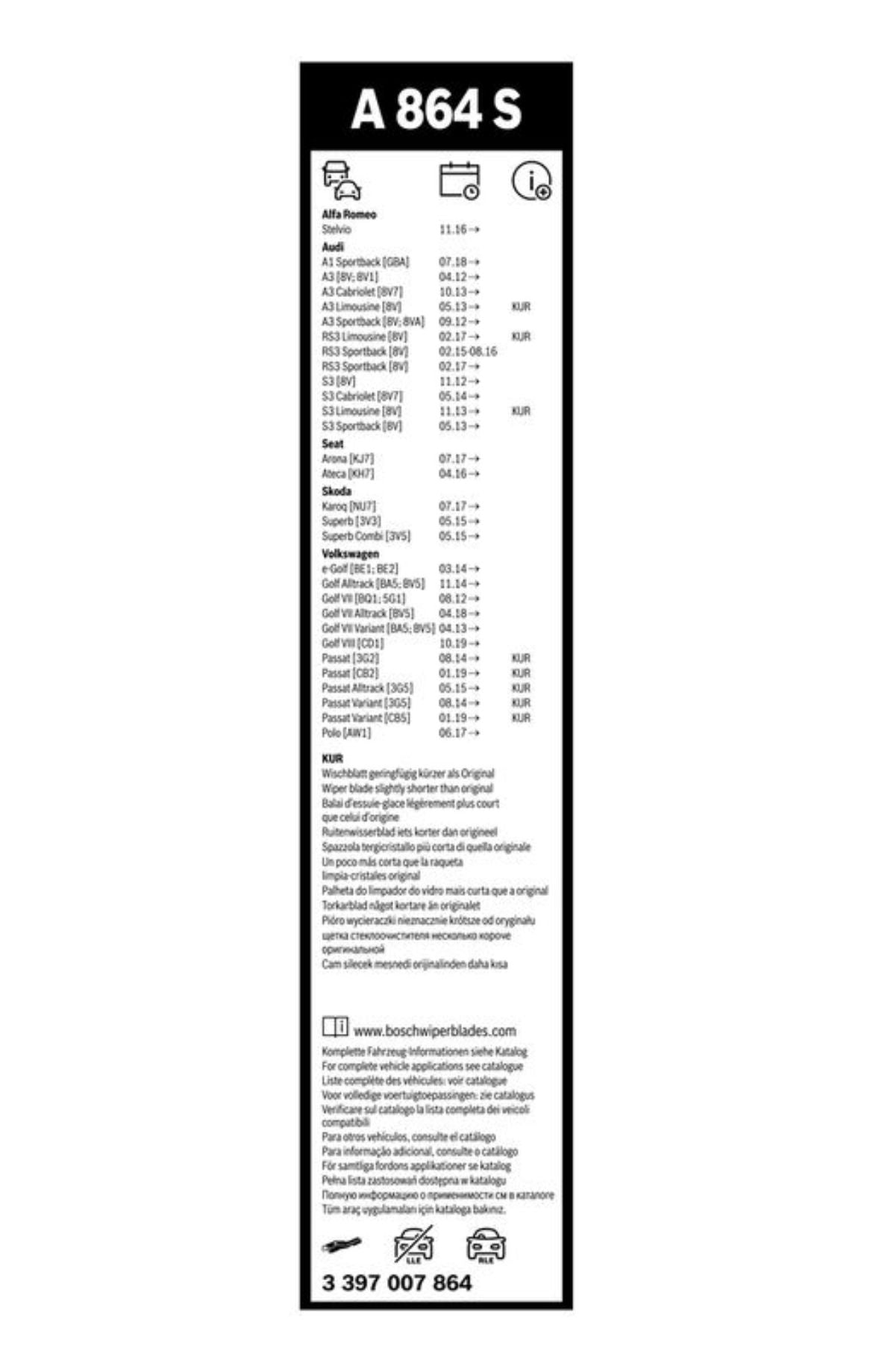 Bosch Wiper Blade AeroTwin A864S, Length: 650mm/26'' 450mm/18'' - Set of Front Wiper Blades