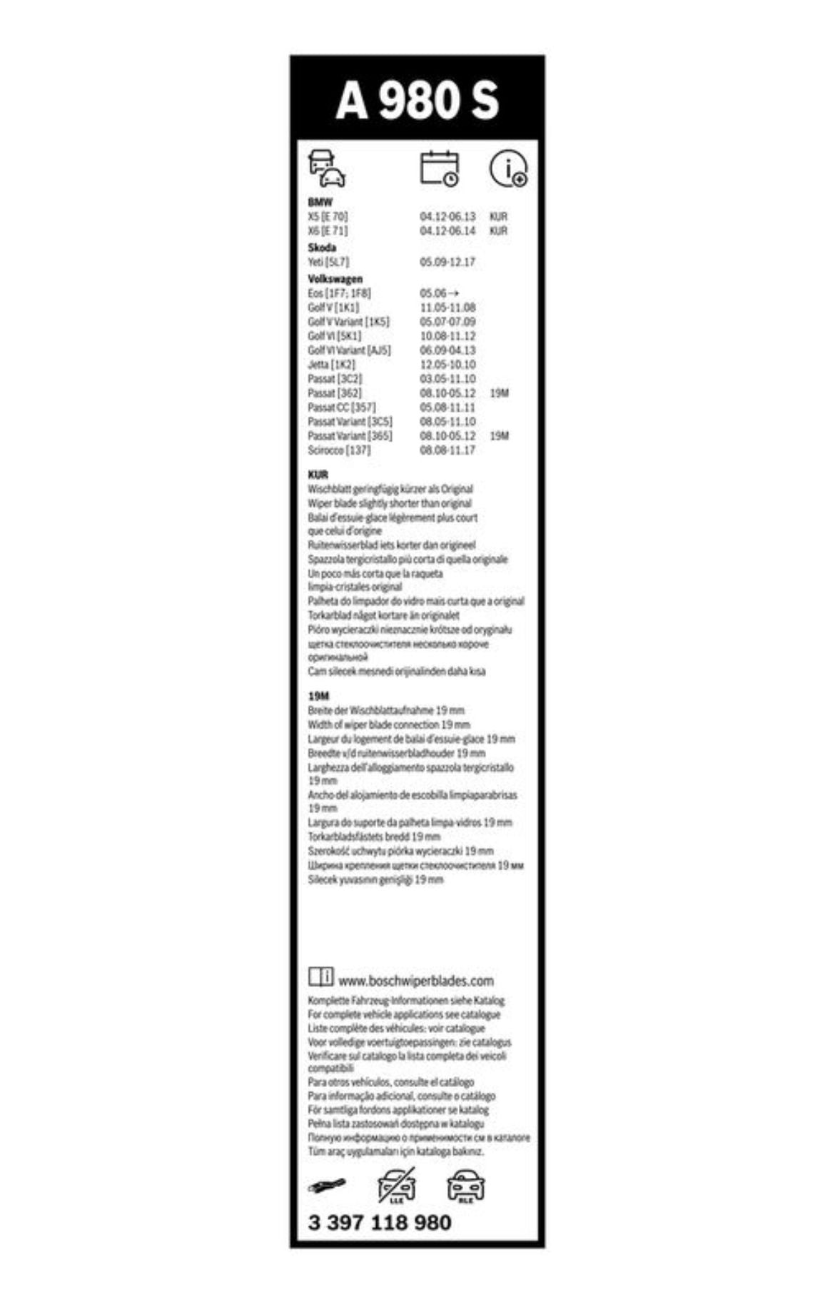 Bosch AeroTwin Windscreen Wipers A 980 S