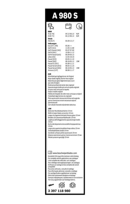 Bosch Wiper Blade Aerotwin A980S, Length: 600mm/24'' 475mm/19'' - Set of Front Wiper Blades